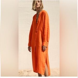 ZARA 100% Linen Orange Caftan Mandarin Collar Maxi Sheath Dress Very Good Cond M
